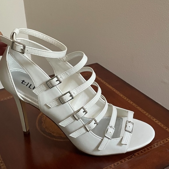 Tildon White Multi-Staples Caged Open Toe Heels - Picture 6 of 14